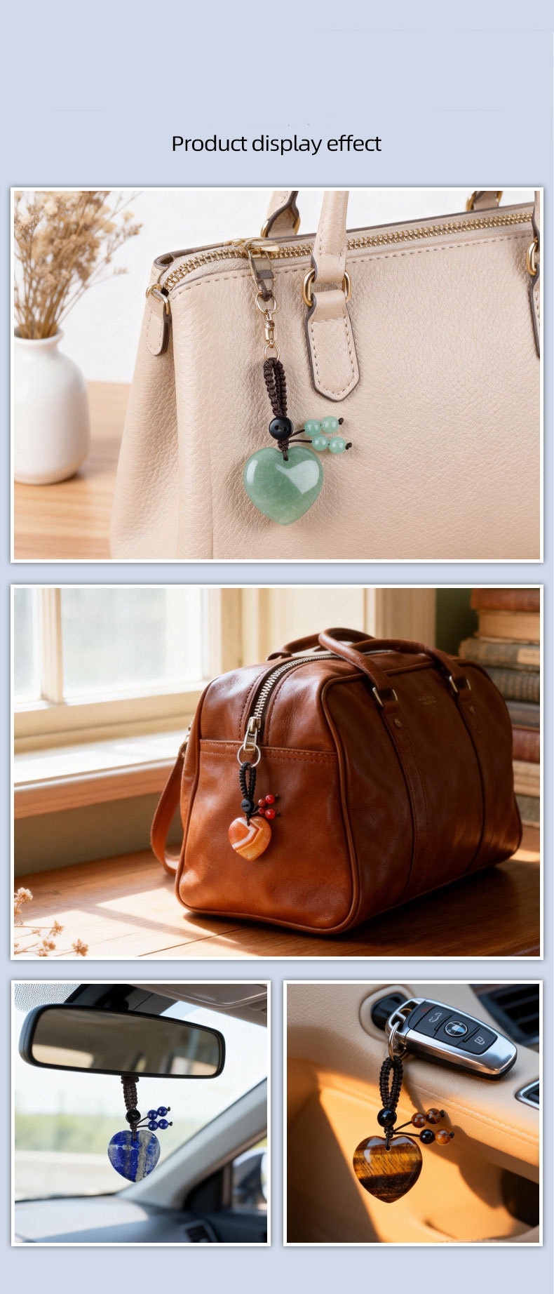 Natural Stone Heart Keychain Pendant, Handwoven Crystal Heart Bag Charm for Keys, DIY Jewelry, Gift Decoration or Wholesale Supply