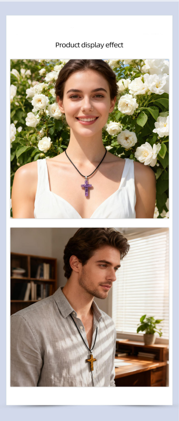 Natural Crystal Cross Pendant Necklace Spiritual Healing Pendant with Adjustable Cord for Meditation