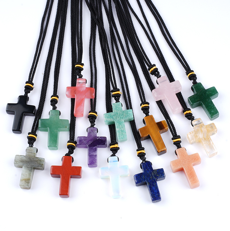 Natural Stone Cross Pendant Necklace, Horizontal Hole Cross Charm Jewelry, Adjustable Rope Necklace, Easter Gift Jewelry Accessory
