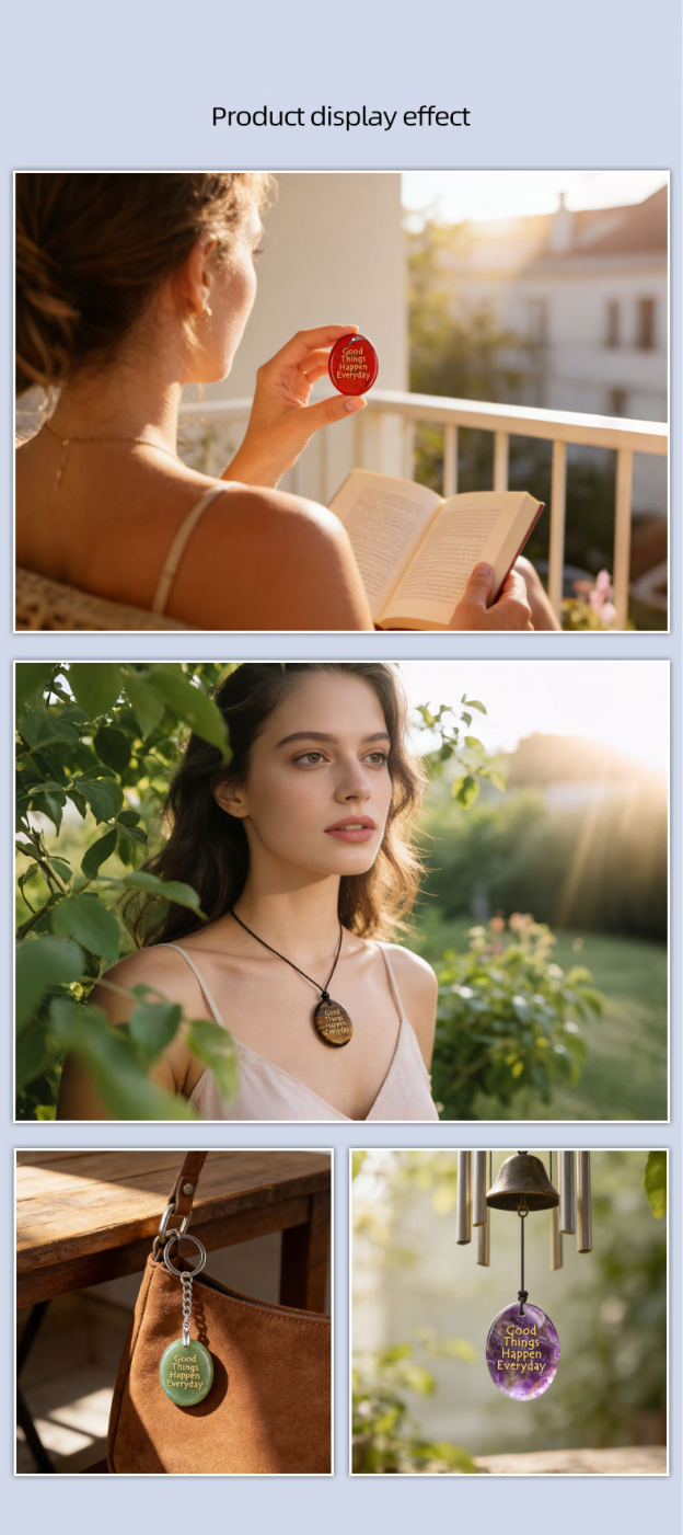 Natural Stone Oval Pendant with Inspirational Engraving Good Things Happen Everyday, Handheld Worry Stone Charm for Necklace DIY Craft