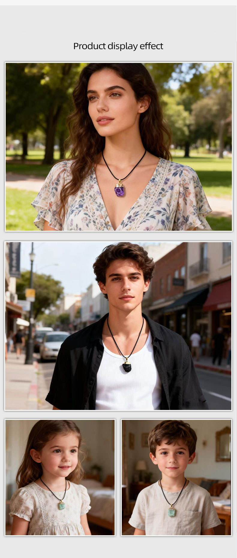 Natural Raw Stone Pendant Necklace Irregular Rough Stone Charm with Gold Tone Cap Adjustable Rope Necklace