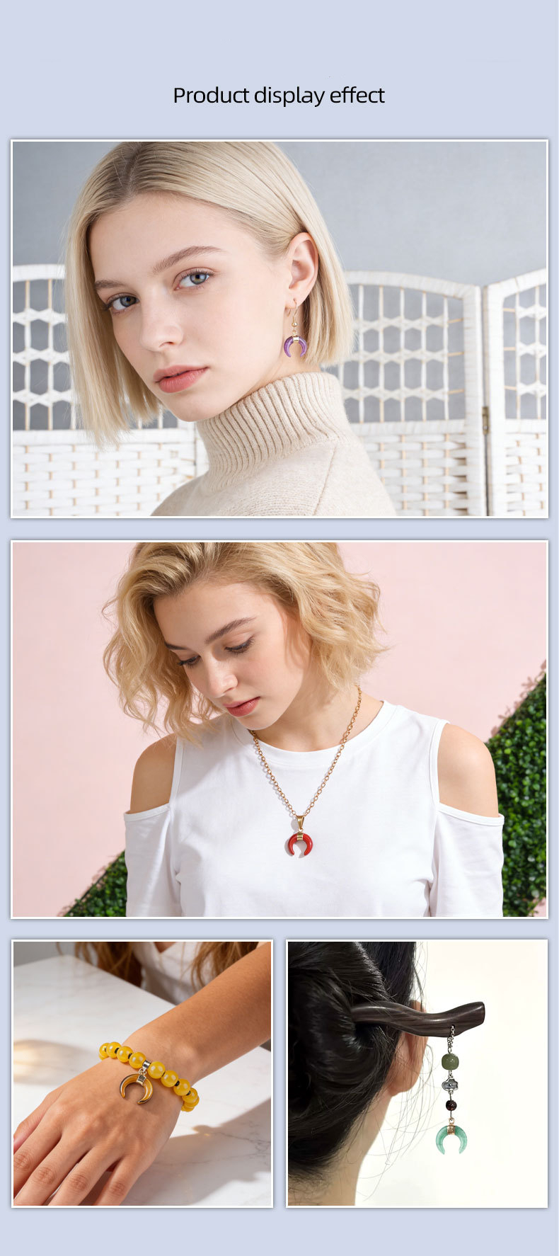 Natural Stone Crescent Moon Pendant Necklace Handcrafted with Adjustable Rope