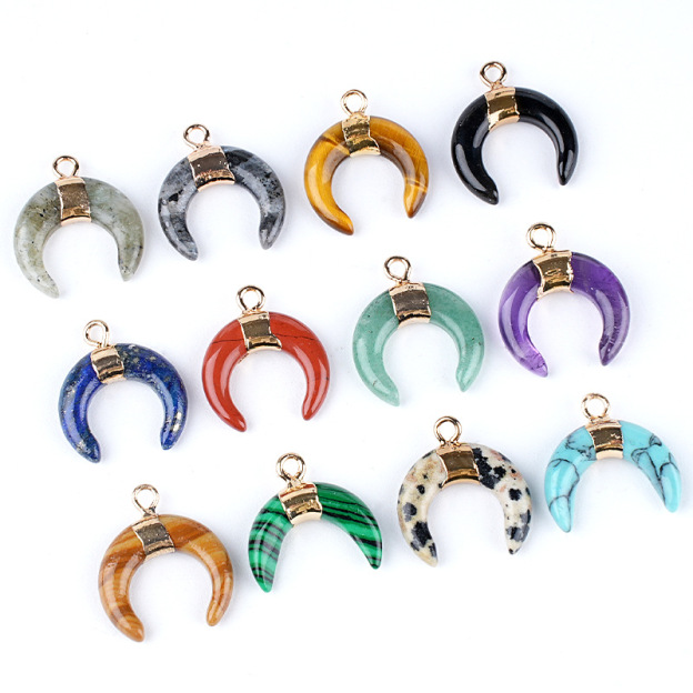 Natural Stone Crescent Moon Pendant Necklace Handcrafted with Adjustable Rope