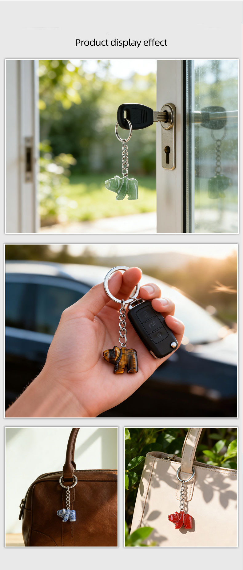 Natural Stone Polar Bear Keychain Animal Shape Hand Carved Bag Pendant Creative Cute Bear Key Ring Gift Accessory