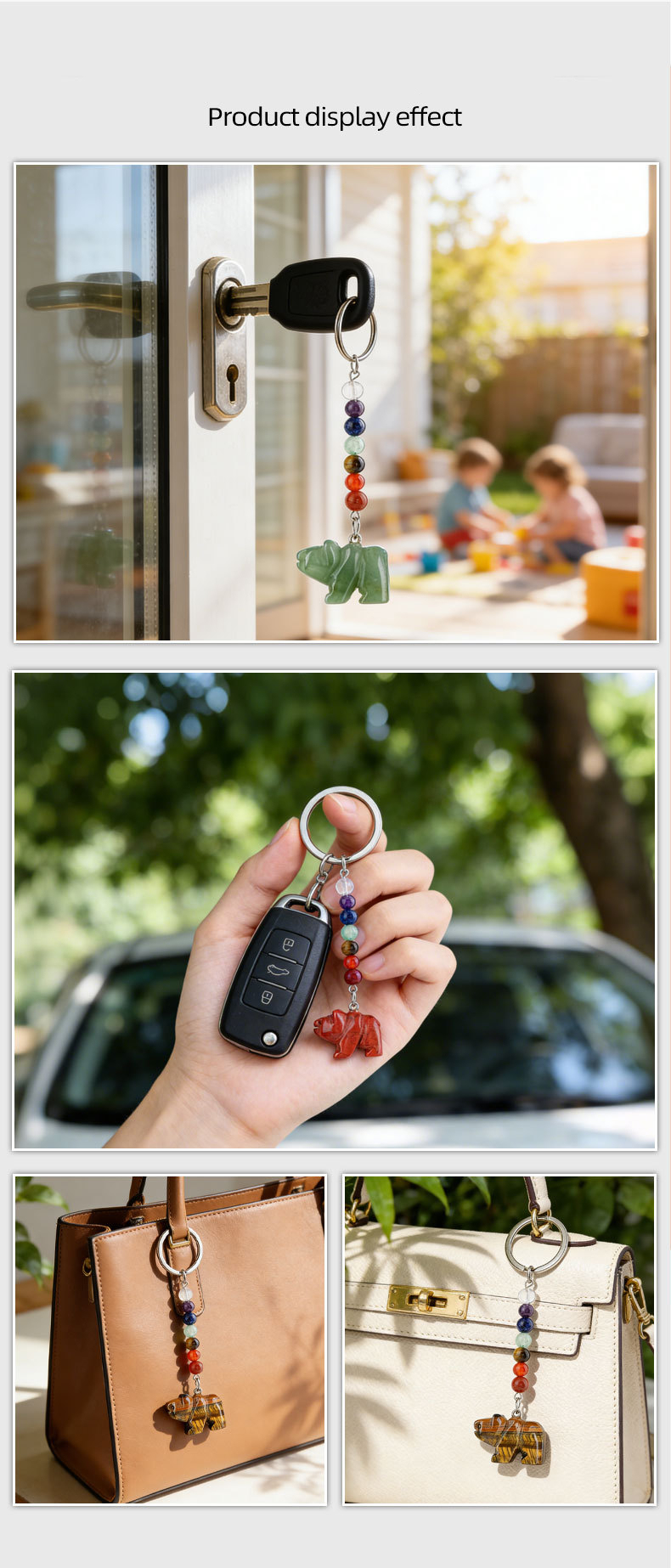 Natural Stone Polar Bear Keychain Color Bead Pendant Animal Bag Charm Carved Bear Keyring Creative Gift Accessory