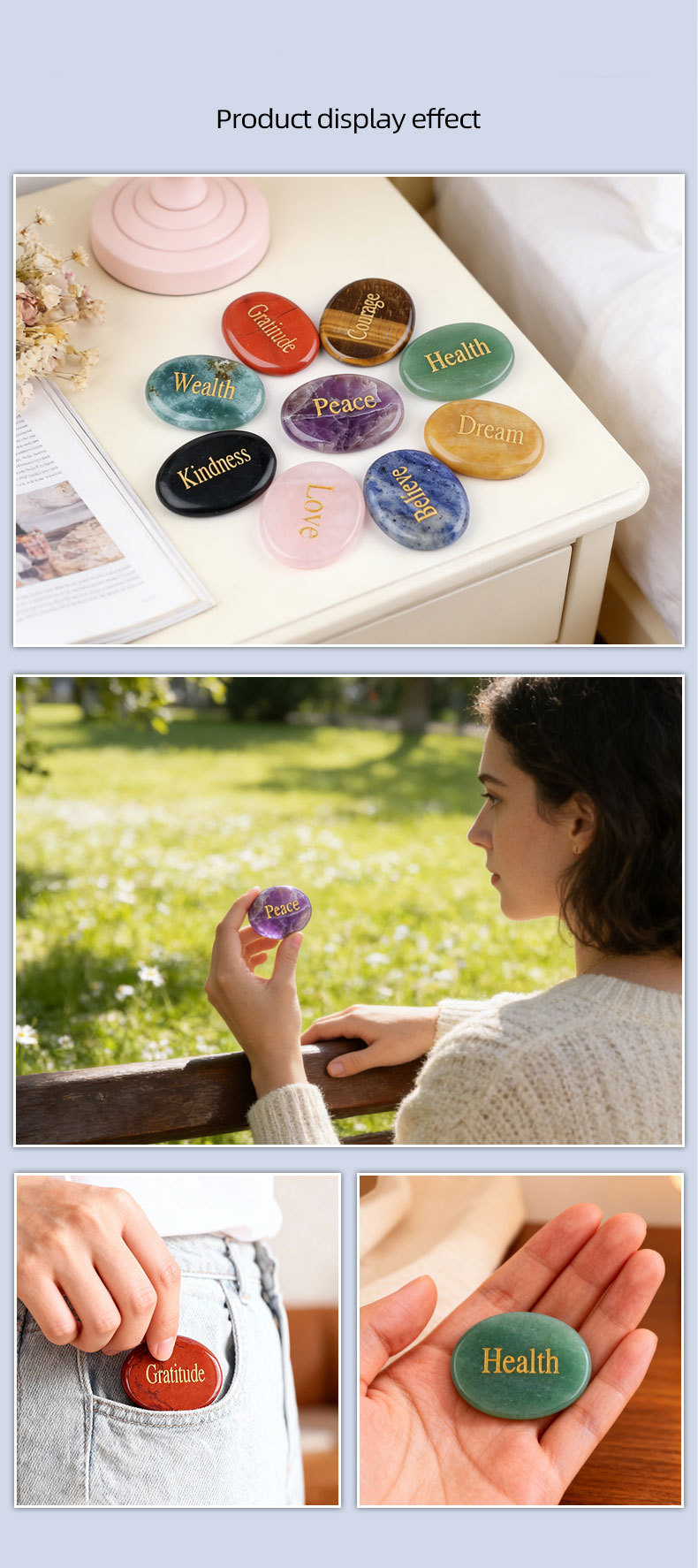 Natural Crystal Engraved Palm Stone, Oval Affirmation Worry Stone Massage Stone for Relaxation, Motivation, Gift, Desk Decor and Wholesale