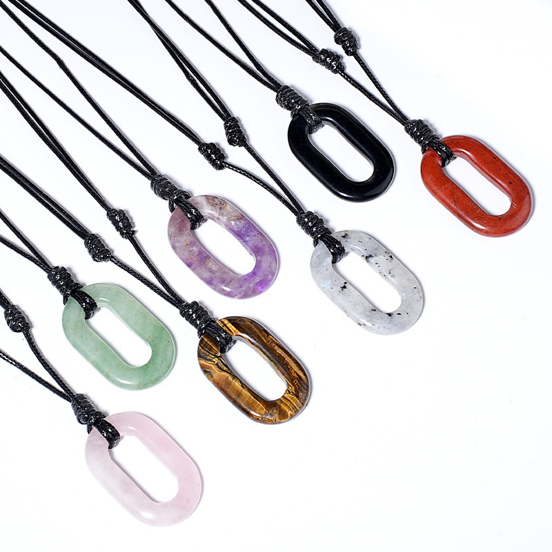 Natural Stone O Ring Necklace, Adjustable Oval Large Hole Pendant Necklace with Polished Crystal Loop Charm for Everyday Wear and Minimalist Styling