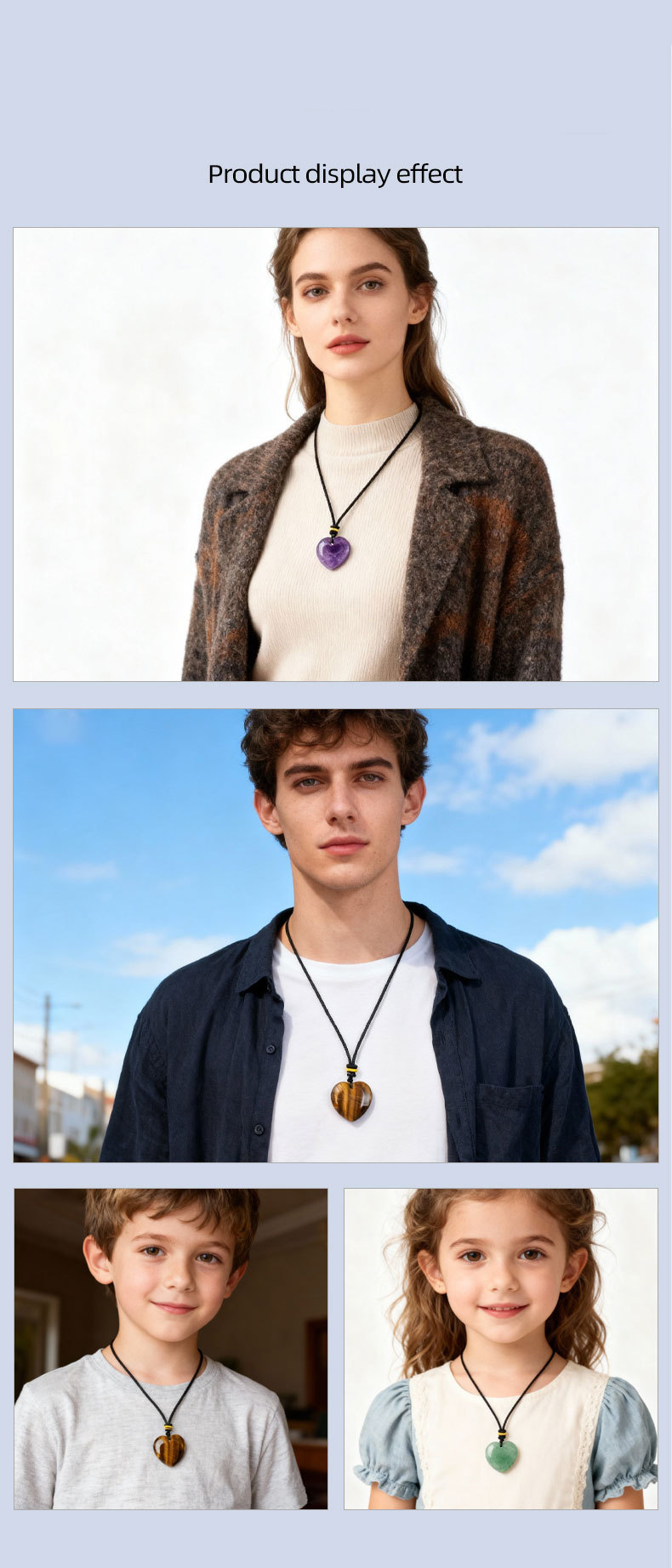 Natural Stone Heart Necklace Pendant, 30mm Crystal Heart Charm with Cord, DIY Jewelry Making or Gift Accessory