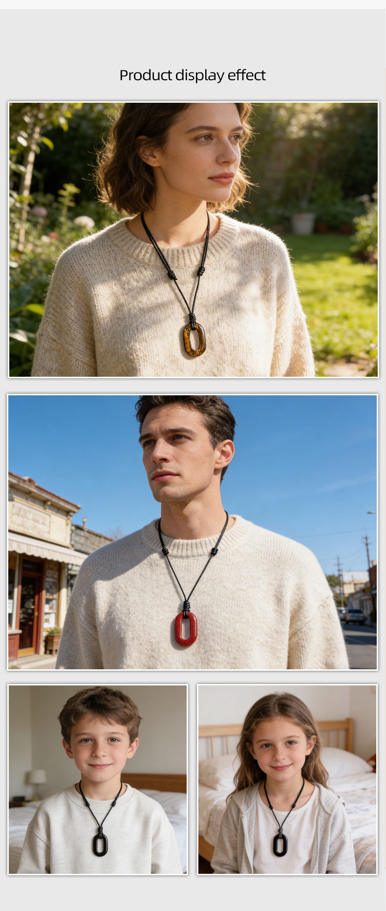 Natural Stone O Ring Necklace, Adjustable Oval Large Hole Pendant Necklace with Polished Crystal Loop Charm for Everyday Wear and Minimalist Styling