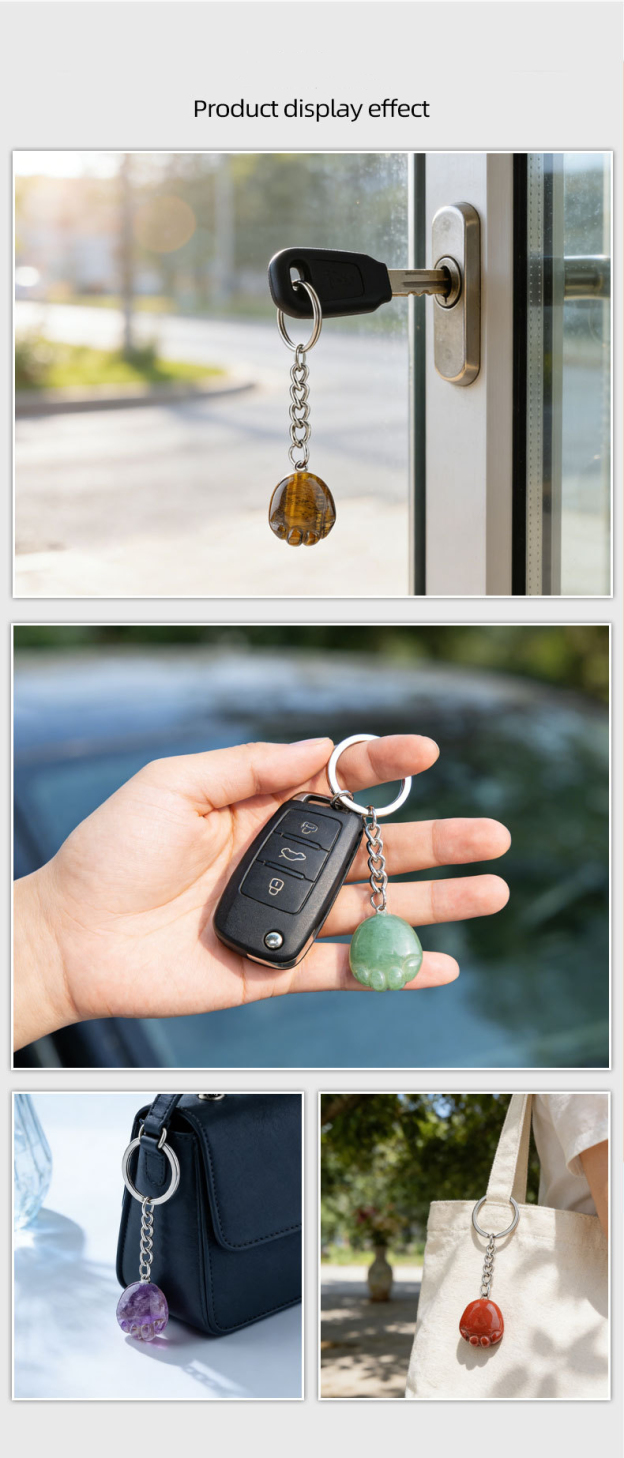 Natural Crystal Paw Keychain, Cute Stone Cat Paw Charm for Bag Decoration, Key Ring Accessory, DIY Pendant and Everyday Gift