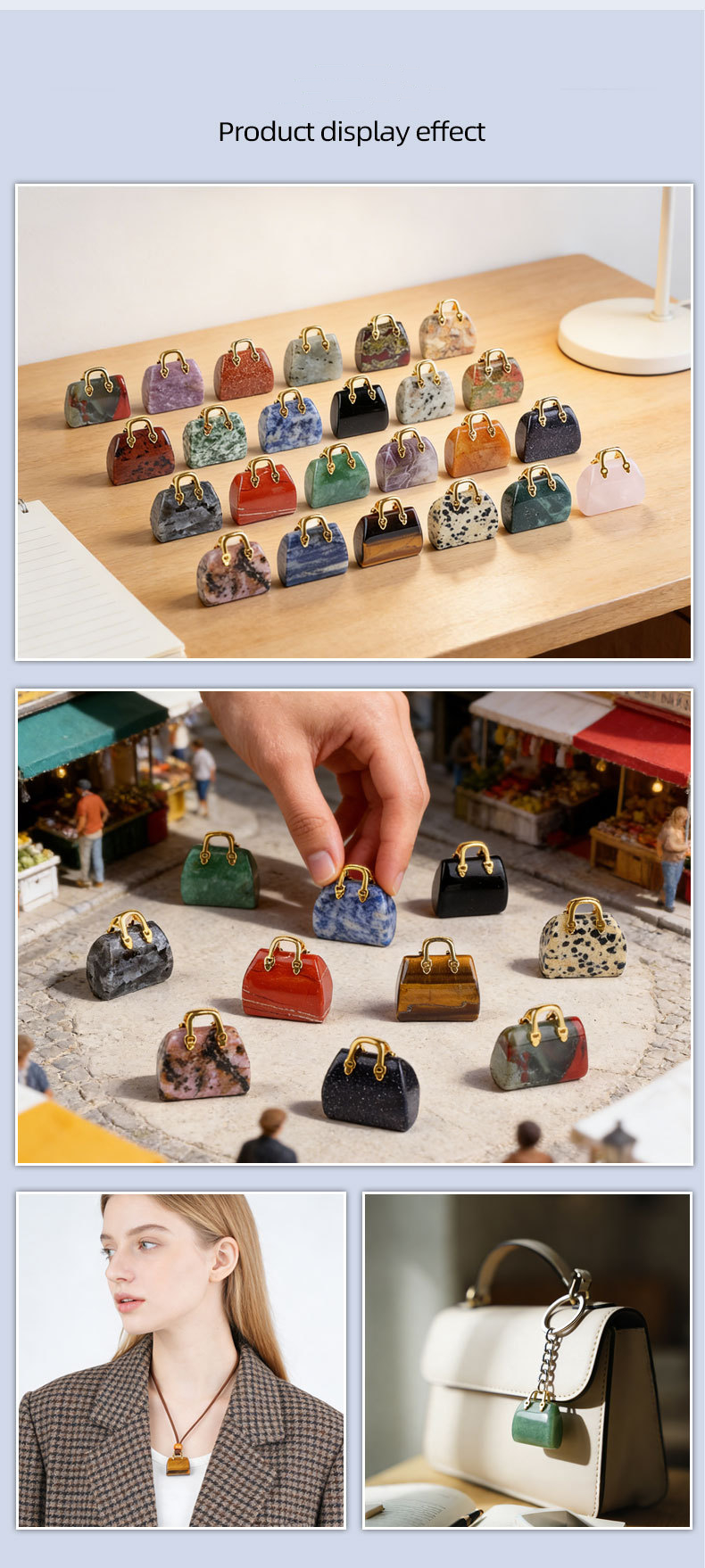 Natural Stone Mini Handbag Pendant, Agate Crystal Bag Charm for Necklace, DIY Decoration or Display Piece