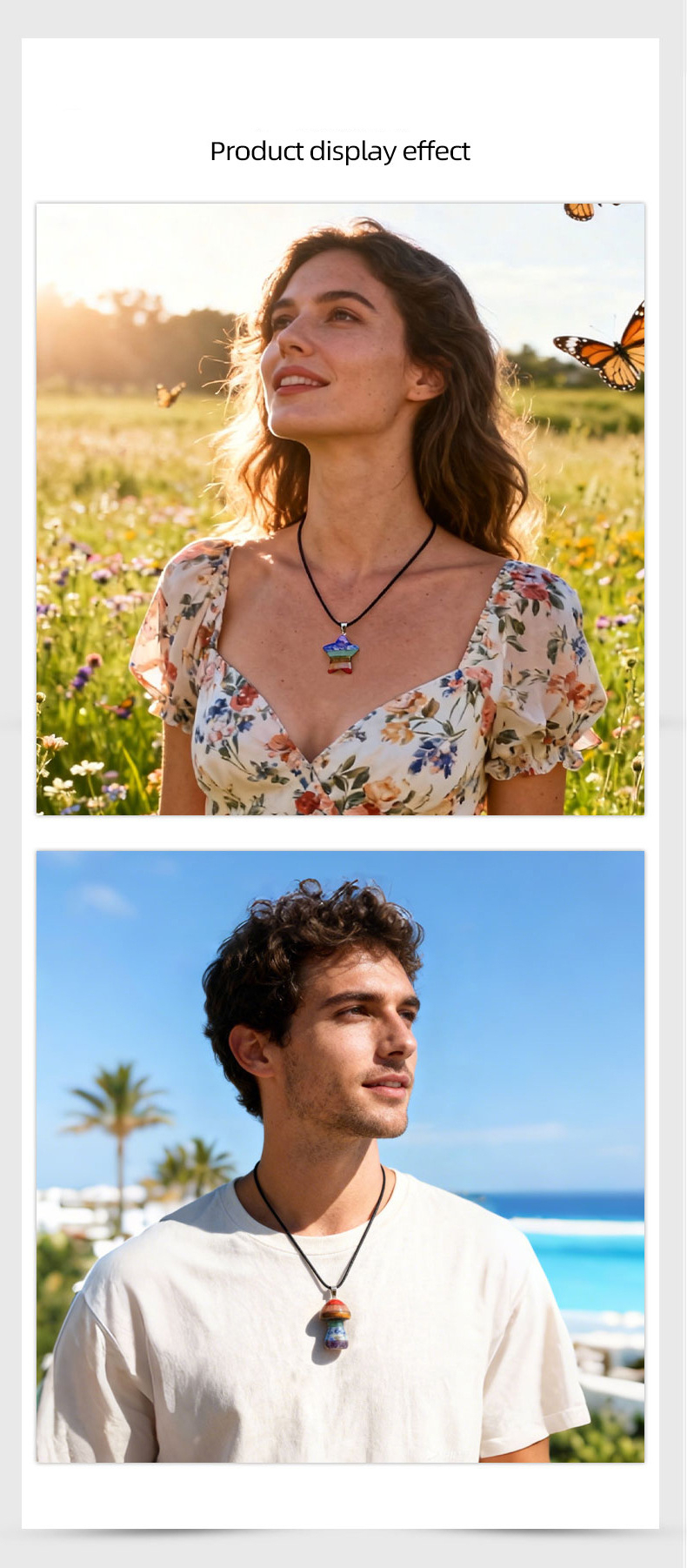 Seven Chakra Style Layered Gemstone Pendant Color Block Crystal Necklace Heart Moon Star Charm26022105