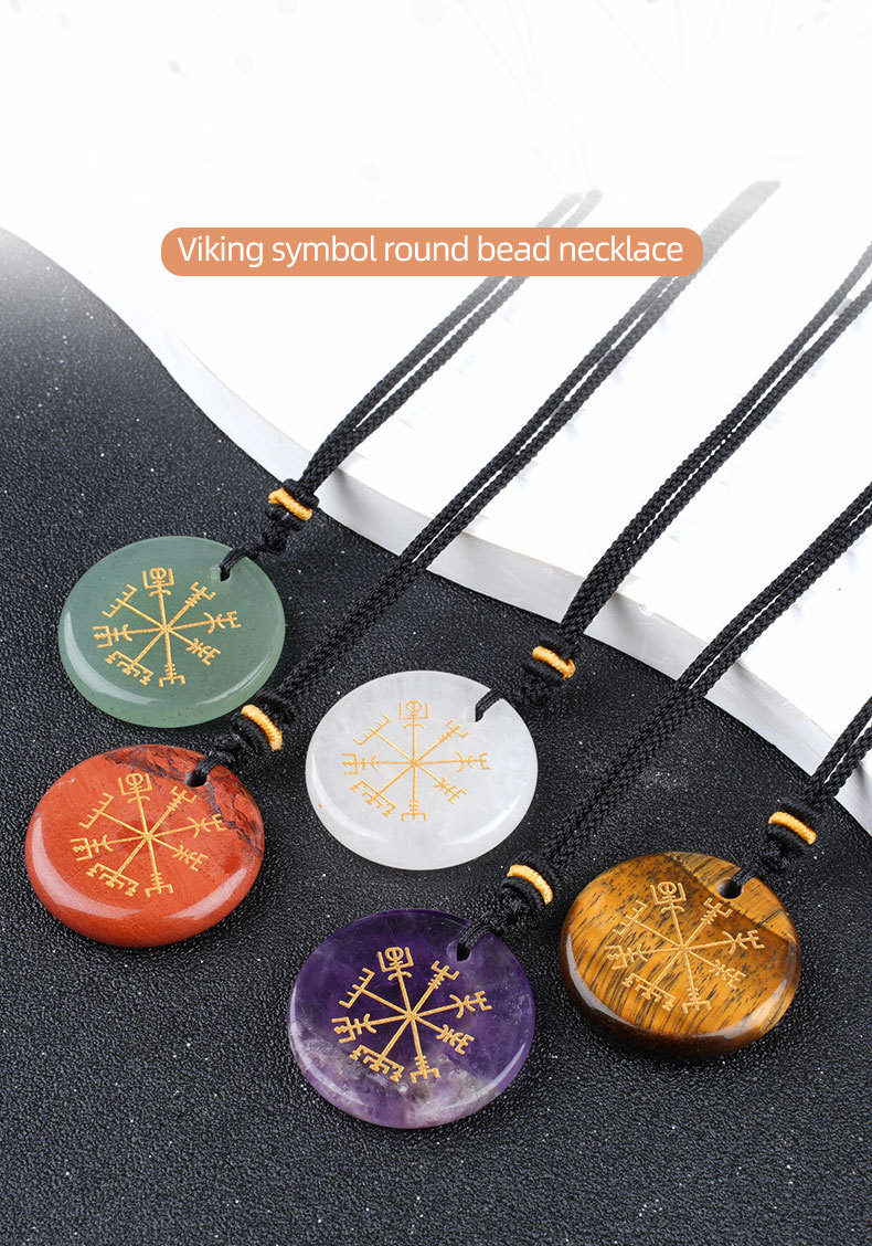 Viking Style Crystal Pendant Necklace Natural Agate Symbol with Round Shape