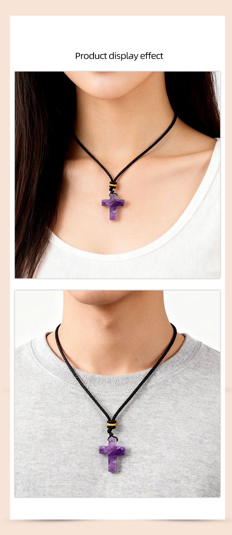 Natural Stone Cross Pendant Necklace, Horizontal Hole Cross Charm Jewelry, Adjustable Rope Necklace, Easter Gift Jewelry Accessory