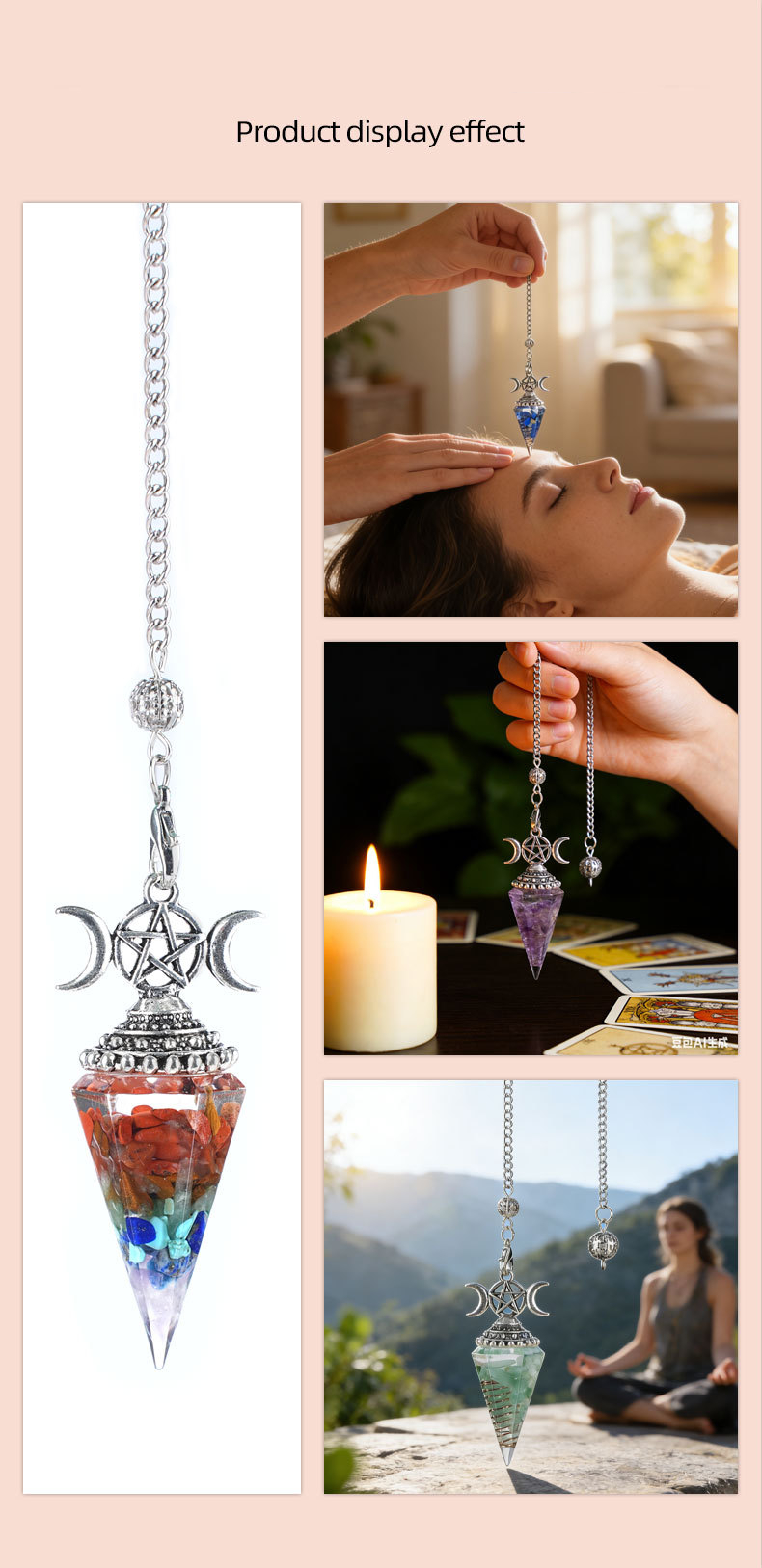 Natural Crystal Pendulum Pendant Vintage Triple Moon Divination Dowsing Pendulum Necklace Resin Chakra Meditation Jewelry