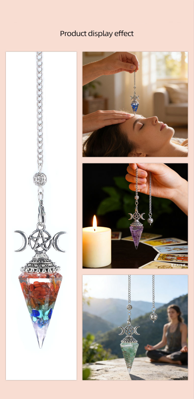 Natural Crystal Pendulum Pendant Vintage Triple Moon Divination Dowsing Pendulum Necklace Resin Chakra Meditation Jewelry