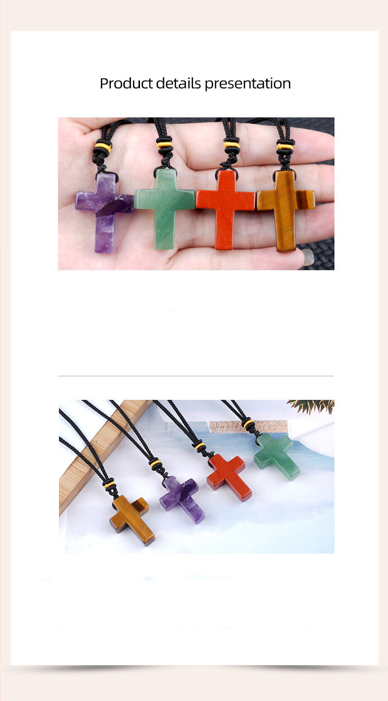 Natural Stone Cross Pendant Necklace, Horizontal Hole Cross Charm Jewelry, Adjustable Rope Necklace, Easter Gift Jewelry Accessory