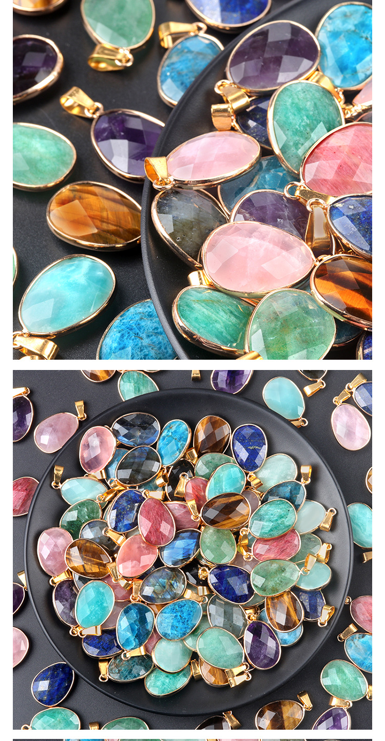 Natural Crystal Faceted Oval Pendant, Copper Wrapped Single Hole Gemstone Charm for DIY Necklace Making and Elegant Jewelry Styling