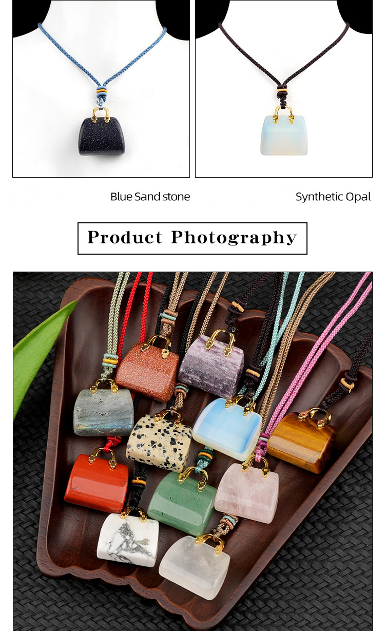 Natural Crystal Handbag Shape Pendant, Agate Stone Mini Bag Ornament Woven Rope Sweater Chain Accessory, Multi Material Decorative Pendant