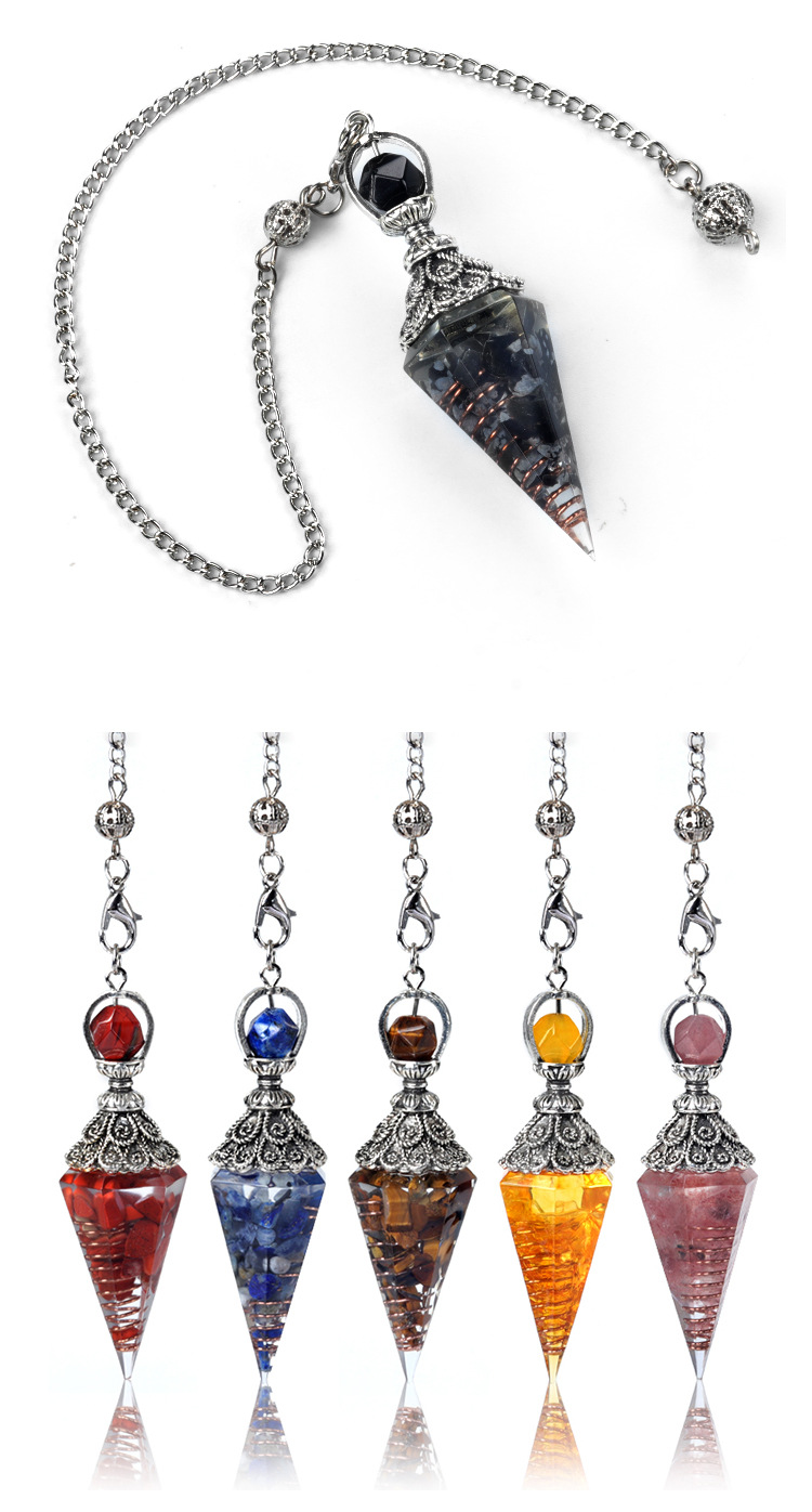 Resin Crystal Chip Pendulum Necklace Silver Chain Hexagonal Cone Stone Dowsing Pendant Jewelry Accessory 20260210