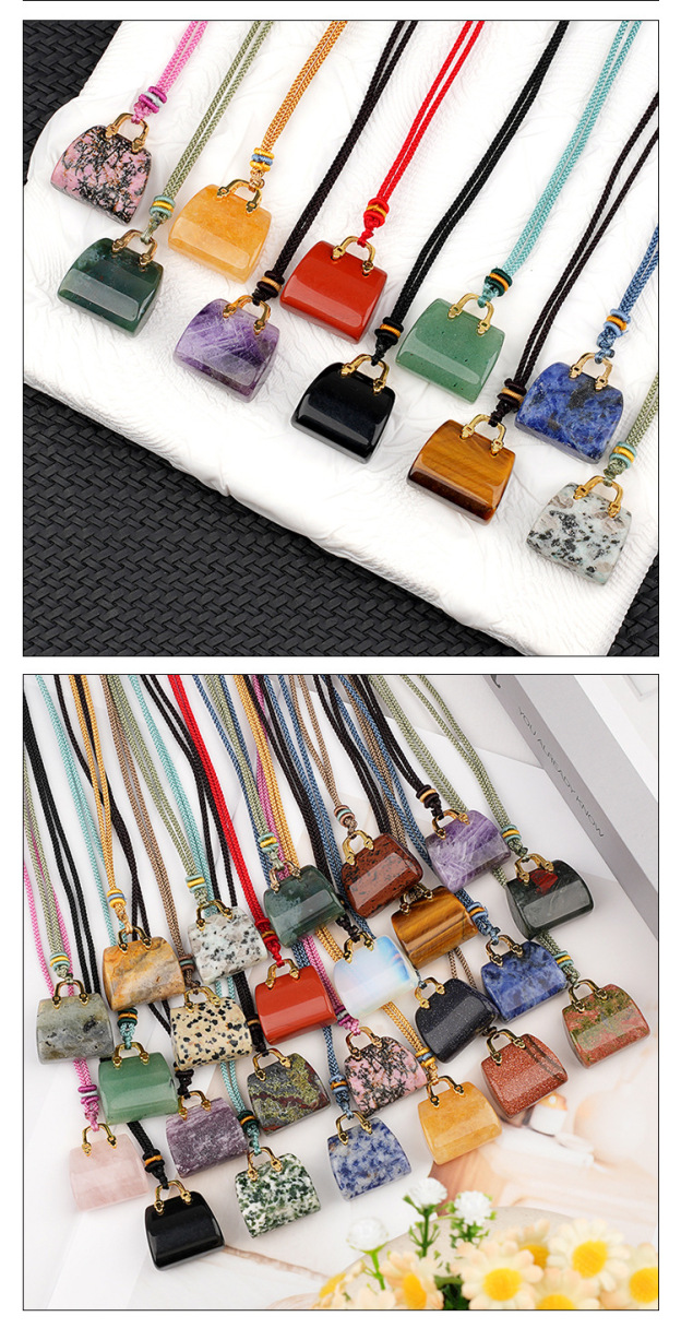 Natural Crystal Handbag Shape Pendant, Agate Stone Mini Bag Ornament Woven Rope Sweater Chain Accessory, Multi Material Decorative Pendant