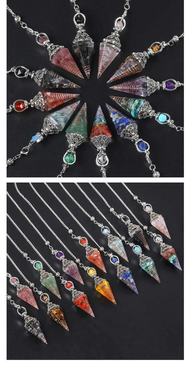 Resin Crystal Chip Pendulum Necklace Silver Chain Hexagonal Cone Stone Dowsing Pendant Jewelry Accessory 20260210