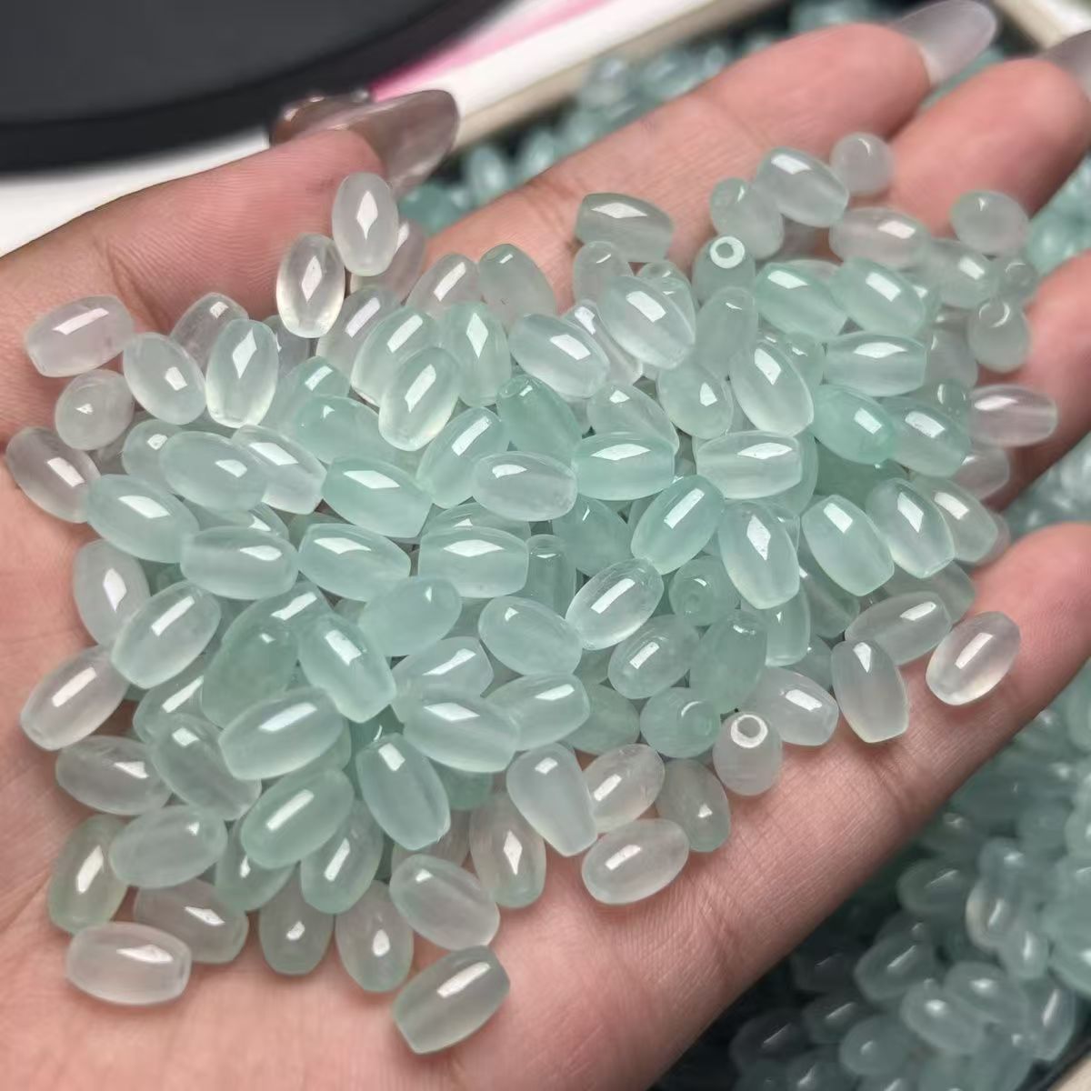 Ice Type Bashan Jade Rice Beads 9×6mm, Natural Light Green Jade Beads for DIY Bracelet and Necklace Making