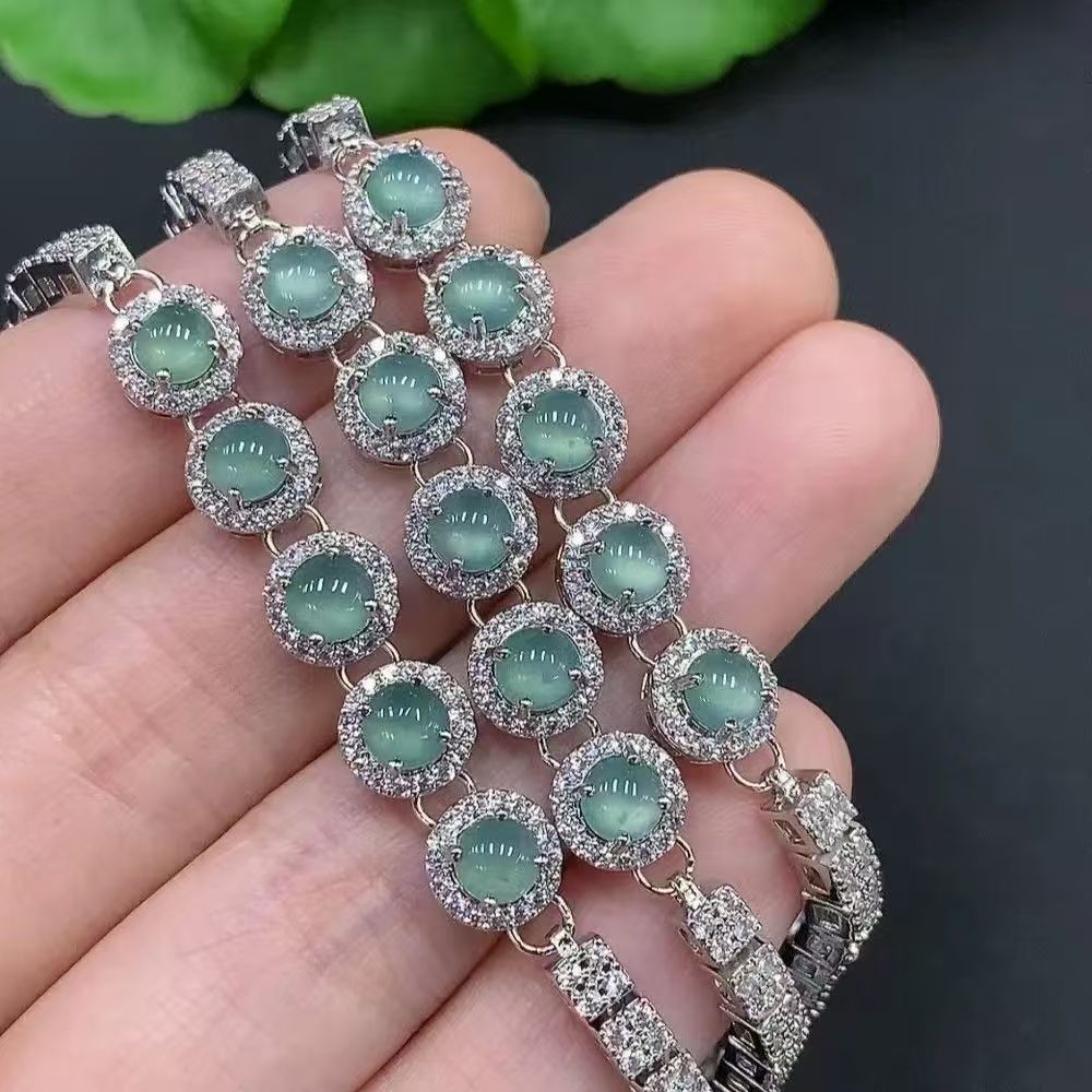 Icy Green Quartzite Jade Cabochon Bracelet, Natural Translucent Jade Round Bead Bracelet with Metal Setting for Elegant Daily Wear