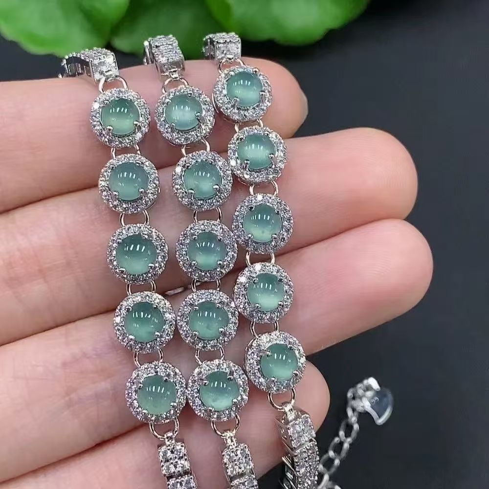 Icy Green Quartzite Jade Cabochon Bracelet, Natural Translucent Jade Round Stone Bracelet for Elegant Wear | stonevara