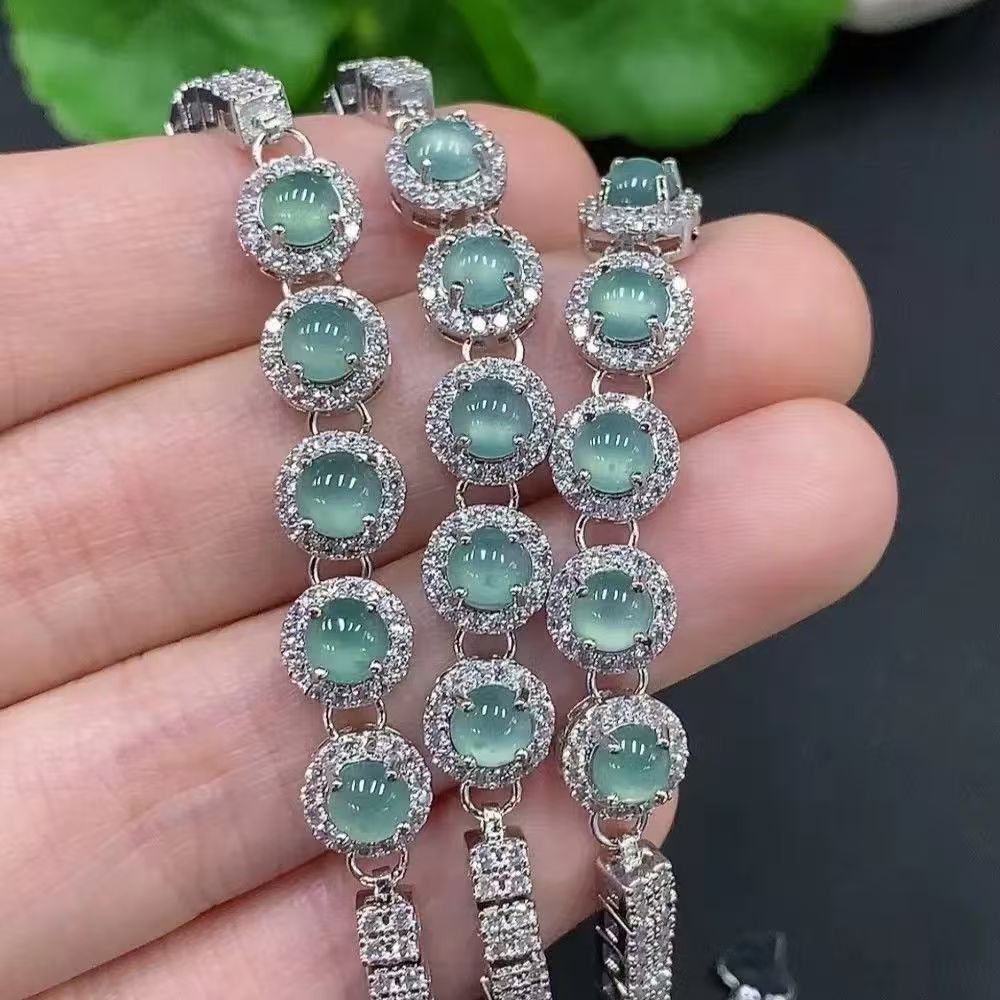 Icy Green Quartzite Jade Cabochon Bracelet, Natural Translucent Jade Round Bead Bracelet with Metal Setting for Elegant Daily Wear
