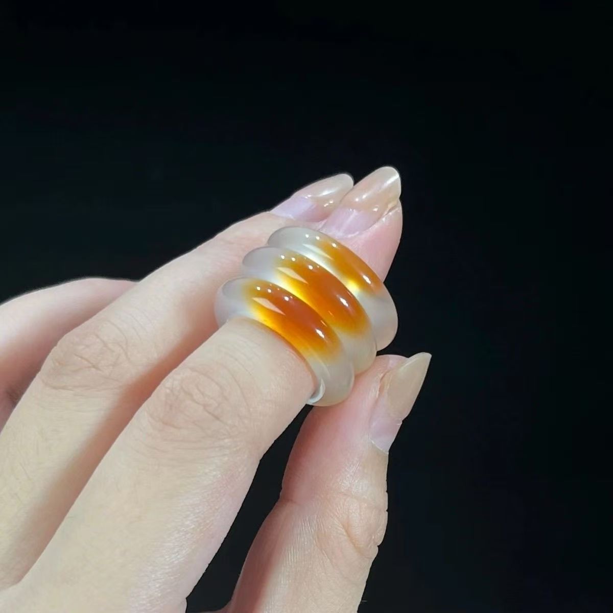 Icy Honey Agate Band Ring, Natural Translucent Chalcedony Sugar Tone Ring Unisex Minimalist Stone Band Jewelry