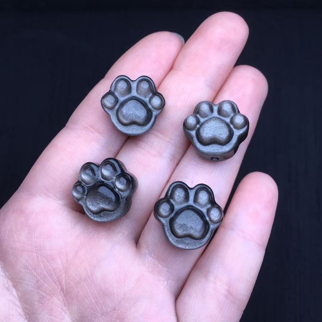 Natural Silver Sheen Obsidian Cat Paw Bead Charm, Carved Gemstone DIY Jewelry Making Pendant, Animal Paw Bracelet Necklace Accessory