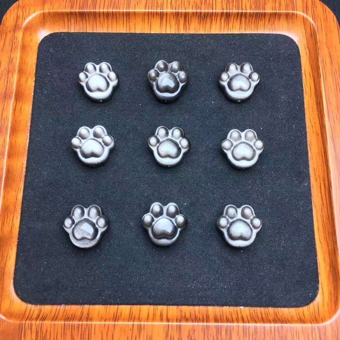 Natural Silver Sheen Obsidian Cat Paw Bead Charm, Carved Gemstone DIY Jewelry Making Pendant, Animal Paw Bracelet Necklace Accessory