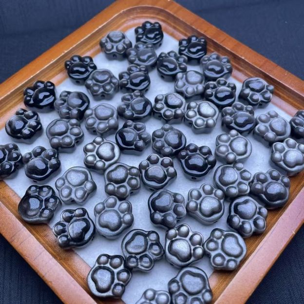 Natural Silver Sheen Obsidian Cat Paw Bead Charm, Carved Gemstone DIY Jewelry Making Pendant, Animal Paw Bracelet Necklace Accessory
