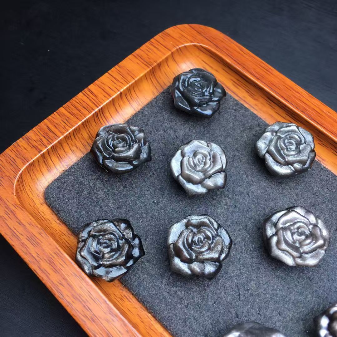 Natural Silver Sheen Obsidian Rose Carved Bead, Double Hole Flower Gemstone Spacer for DIY Bracelet Necklace Jewelry Making