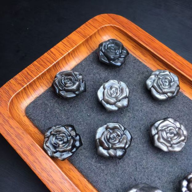 Natural Silver Sheen Obsidian Rose Carved Bead, Double Hole Flower Gemstone Spacer for DIY Bracelet Necklace Jewelry Making