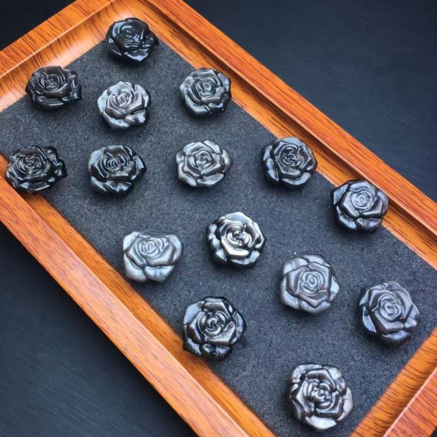 Natural Silver Sheen Obsidian Rose Carved Bead, Double Hole Flower Gemstone Spacer for DIY Bracelet Necklace Jewelry Making