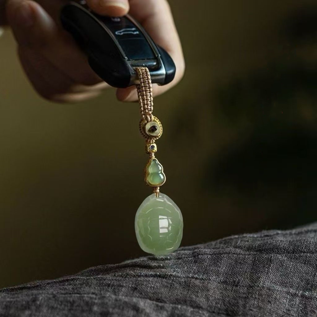 Natural Jade Turtle Shell Pendant Charm, Hand Carved Stone Bag Hanging Ornament, New Style Keychain Car Hanging Accessory