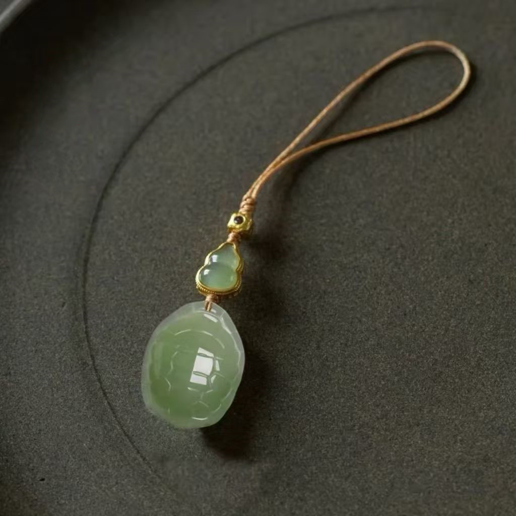 Natural Jade Turtle Shell Pendant Charm, Hand Carved Stone Bag Hanging Ornament, New Style Keychain Car Hanging Accessory