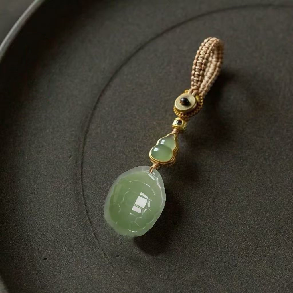 Jade Turtle Shell Pendant Charm Hand Carved Stone Bag Hanging Ornament Keychain Accessory
