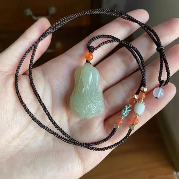 Natural Hetian Jade Cabbage Pendant Necklace, Hand Carved Green Jade Vegetable Charm, Traditional Stone Amulet Jewelry