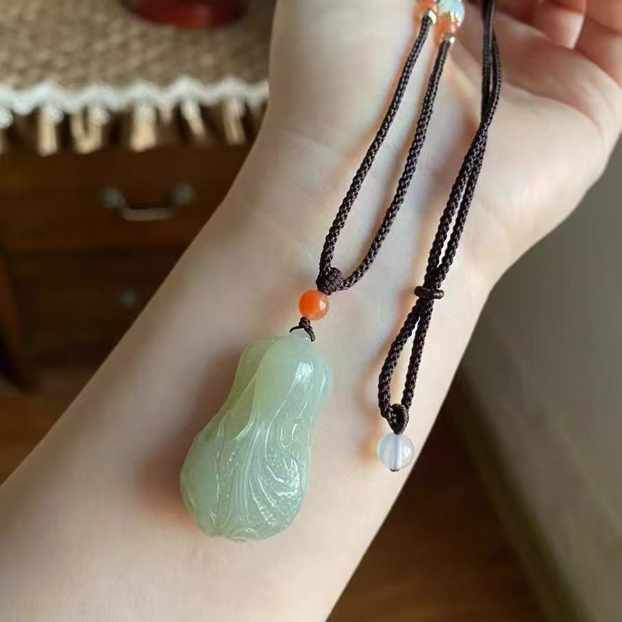Natural Hetian Jade Cabbage Pendant Necklace, Hand Carved Green Jade Vegetable Charm, Traditional Stone Amulet Jewelry