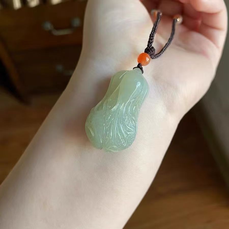 Natural Hetian Jade Cabbage Pendant Necklace, Hand Carved Green Jade Vegetable Charm, Traditional Stone Amulet Jewelry