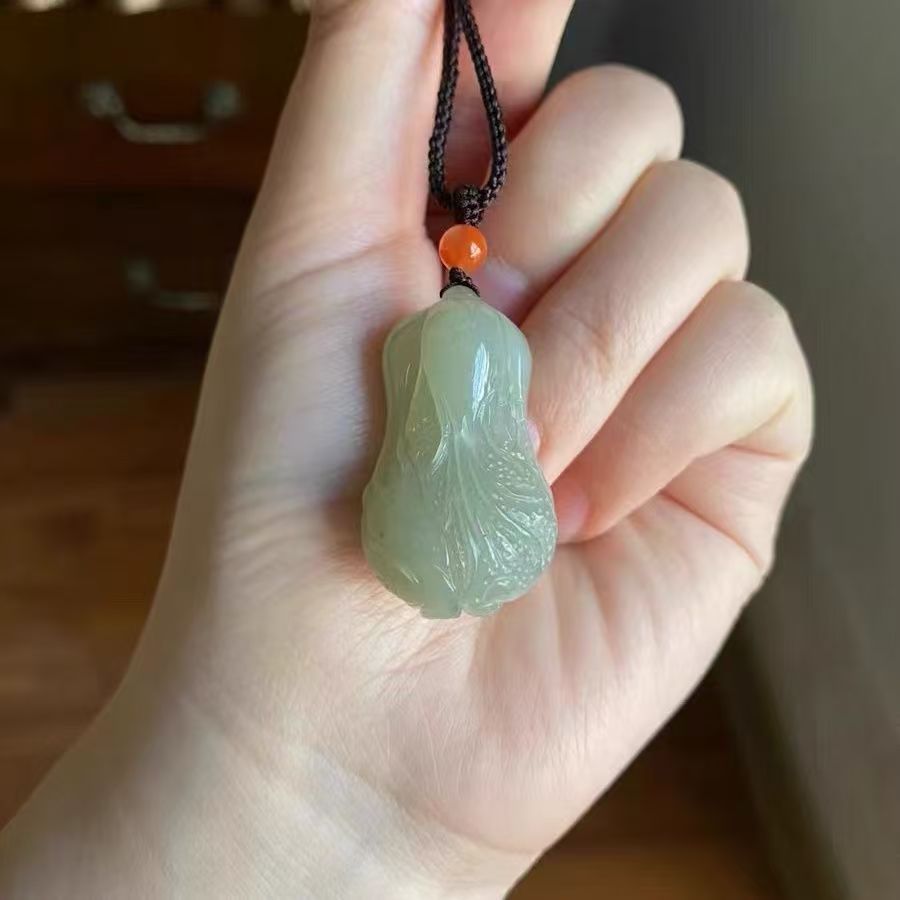 Natural Hetian Jade Cabbage Pendant Necklace, Hand Carved Green Jade Vegetable Charm, Traditional Stone Amulet Jewelry
