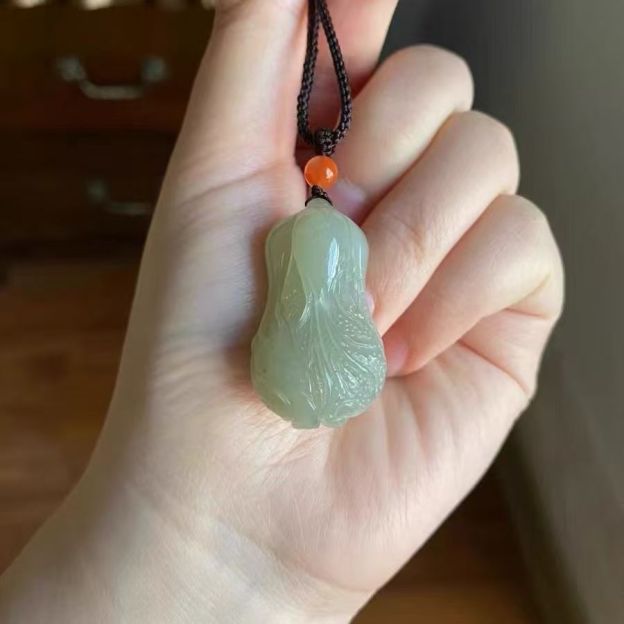 Natural Hetian Jade Cabbage Pendant Necklace, Hand Carved Green Jade Vegetable Charm, Traditional Stone Amulet Jewelry