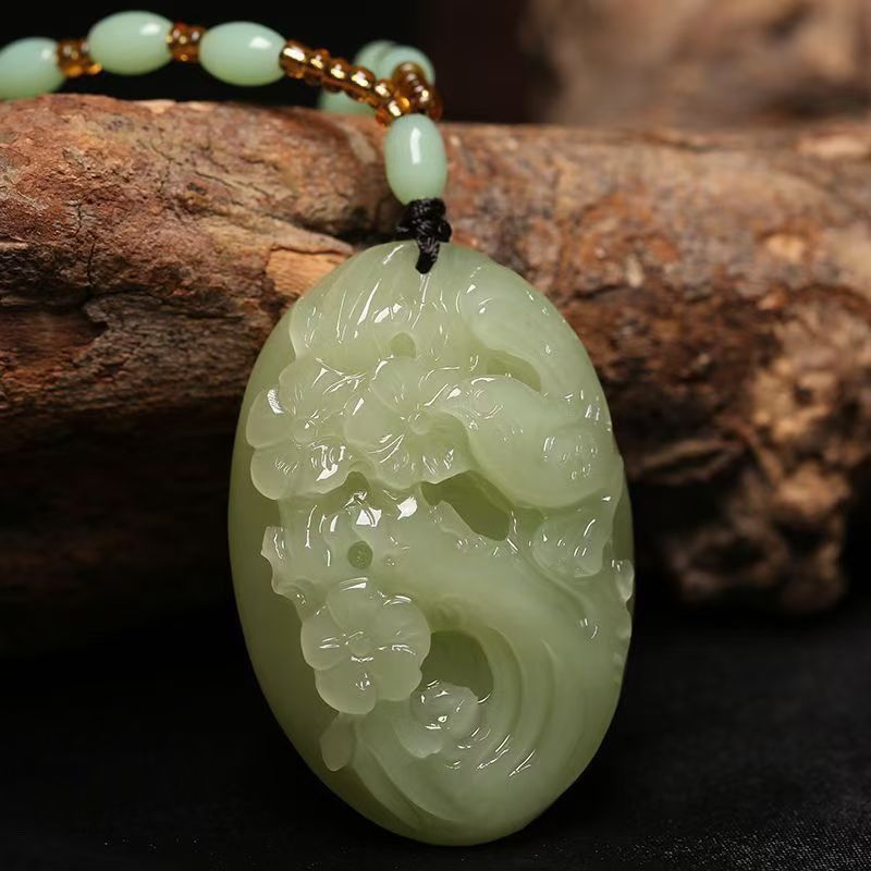Natural Hetian Jade Magpie & Plum Blossom Pendant Necklace, Hand Carved Green Jade Oval Charm, Traditional Prosperity Amulet