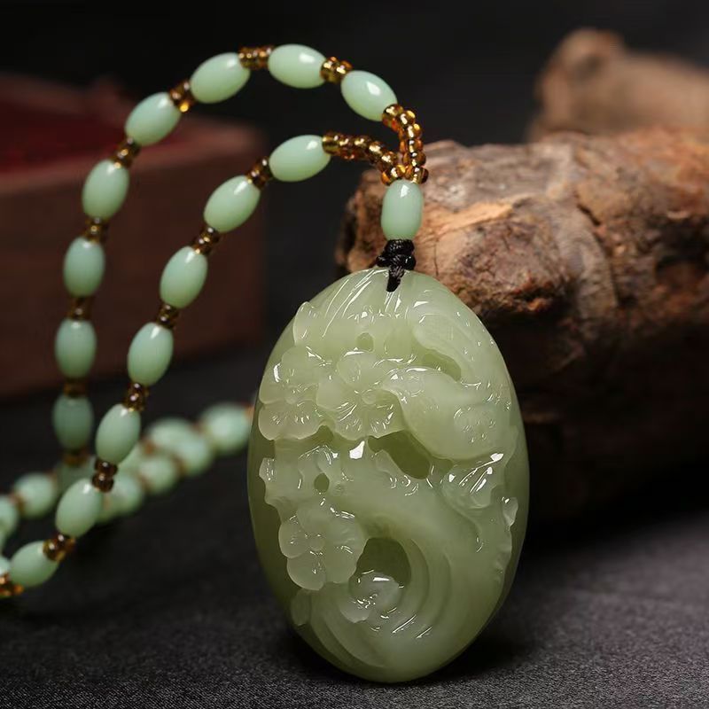 Natural Hetian Jade Magpie & Plum Blossom Pendant Necklace, Hand Carved Green Jade Oval Charm, Traditional Prosperity Amulet