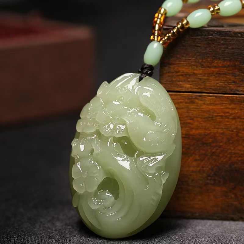 Natural Hetian Jade Magpie & Plum Blossom Pendant Necklace, Hand Carved Green Jade Oval Charm, Traditional Prosperity Amulet