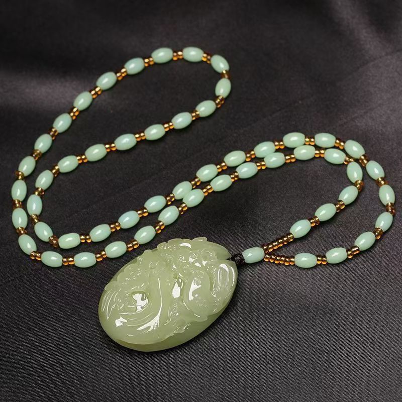 Natural Hetian Jade Magpie & Plum Blossom Pendant Necklace, Hand Carved Green Jade Oval Charm, Traditional Prosperity Amulet