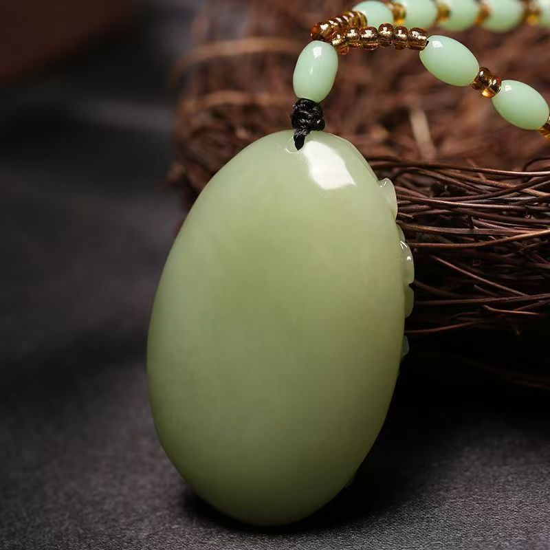 Natural Hetian Jade Magpie & Plum Blossom Pendant Necklace, Hand Carved Green Jade Oval Charm, Traditional Prosperity Amulet